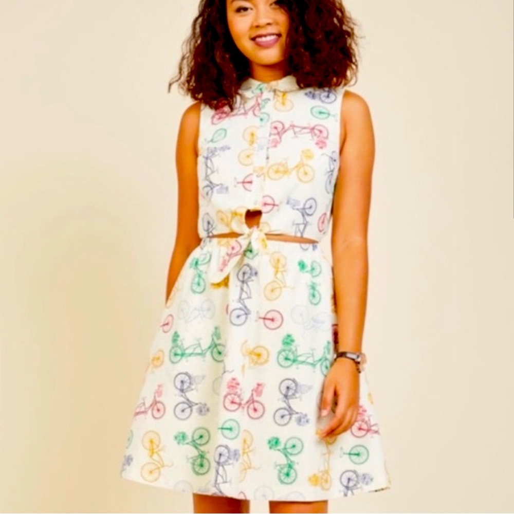 NWOT ModCloth Tie Front Bicycle Rainbow Print Dress XL
